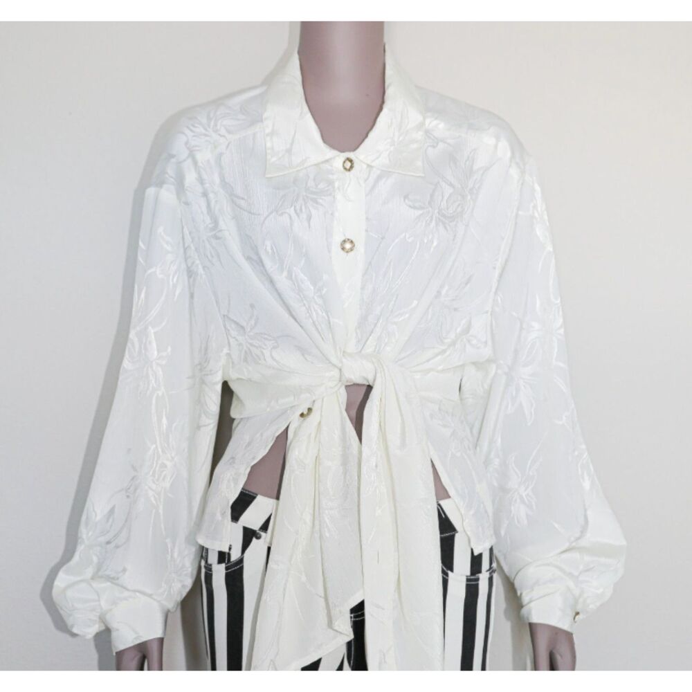 White Jacquard Floral Tie Front Blouse Balloon Sleeve Button‎ Down Size XXL